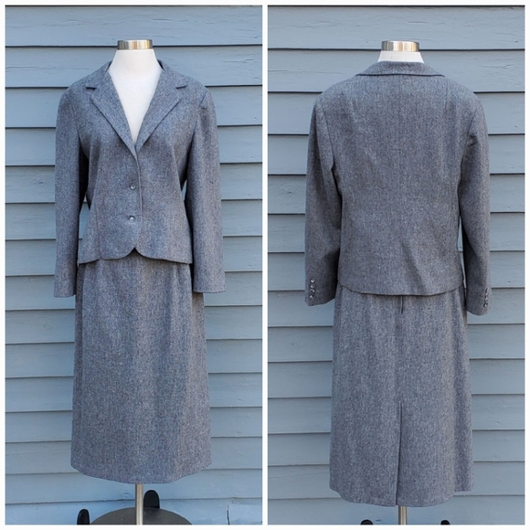 Vintage 80s Retro Preppy Acadamia Gray Wool Blend Blazer Skirt Suit Set Sm/Md - Picture 1 of 6